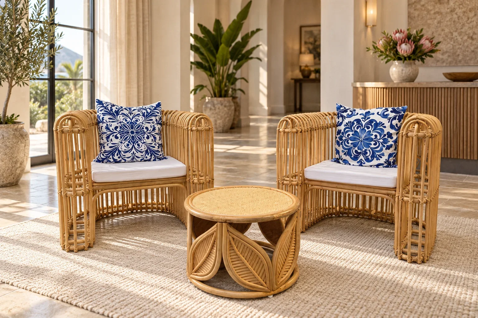 Bali barrel lounge chairs in a warm interior visualisation