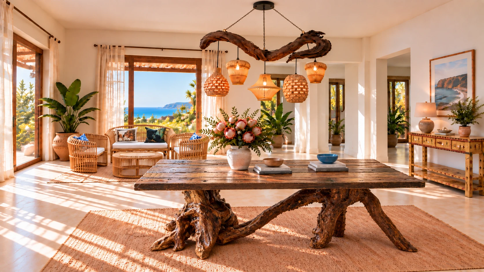 Four-plank Sleeper Wood table with natural root supports in the foreground, Bali sofa set by the rear window, Savanna chandelier and Khoisan console in a Cape Town interior visualisation