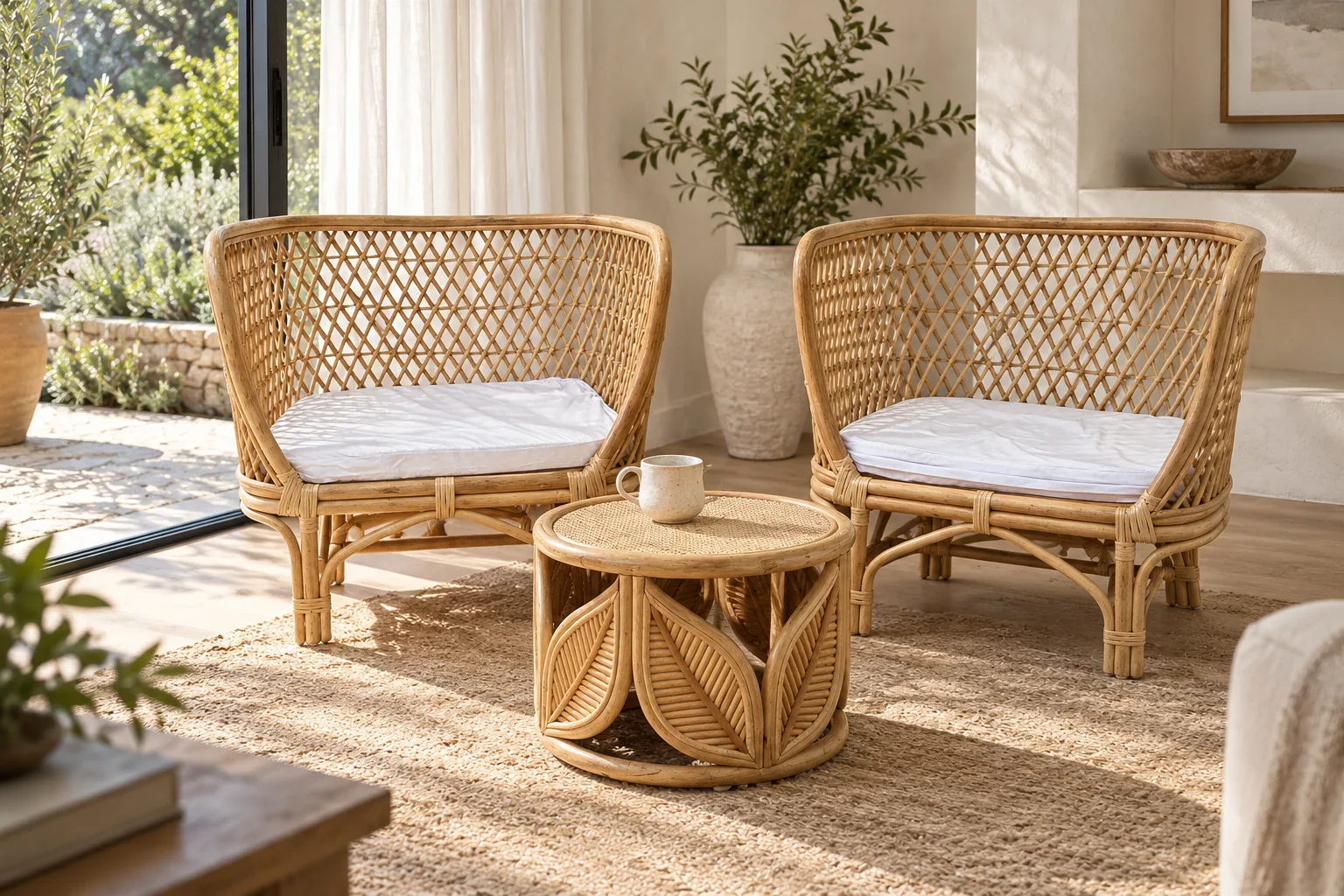 Bali lattice lounge set in a coastal home interior visualisation